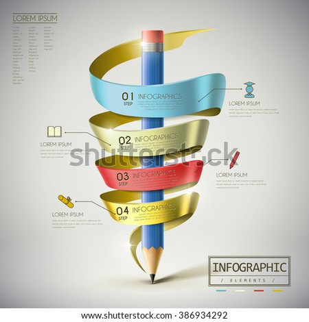 education infographic template design with pencil and ribbon elements