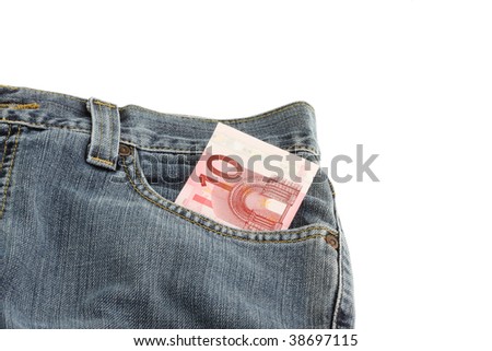 jeans with a 10 euro note in pocket isolated on white