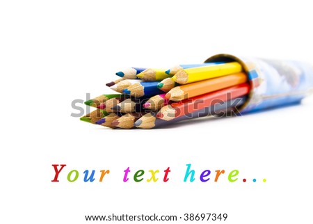  	Set of colour pencils in a box on a white background