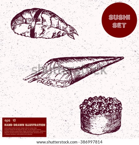 Japanese food. Sushi vector sketch. Vintage hand drawn illustration in line art style.