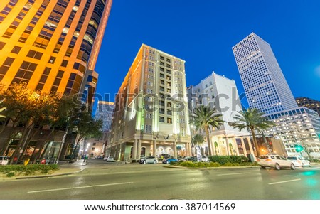 New Orleans sunset skyline. City buildings at dusk.