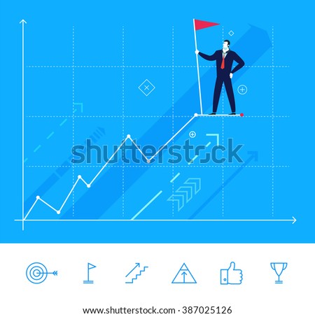 Flat design vector concept illustration. Businessman standing at the top with cling to the flag. Vector clipart. Icons set.