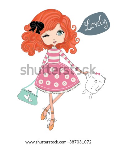 Cute girl vector design.Children illustration for School books and more.Romantic hand drawing poster.Cartoon character.