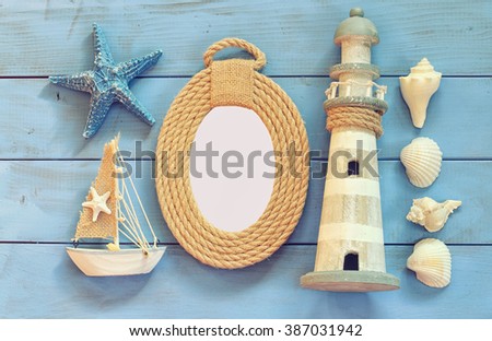 high key image of top view nautical concept with nautical life style objects. vintage filtered