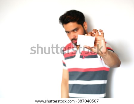 Men holding showing blank business card over white background