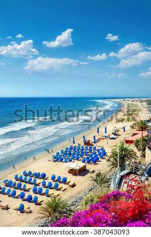 View of Playa del Ingles beach. Maspalomas. Gran Canaria Royalty-Free Stock Photo #387043093