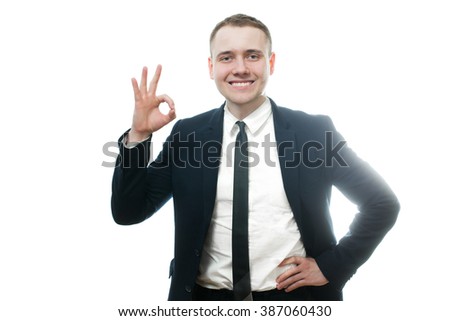 Happy white-collar worker with All right and ok sign isolated background