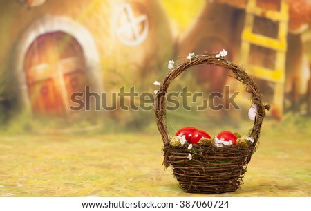 Red Easter eggs in basket
