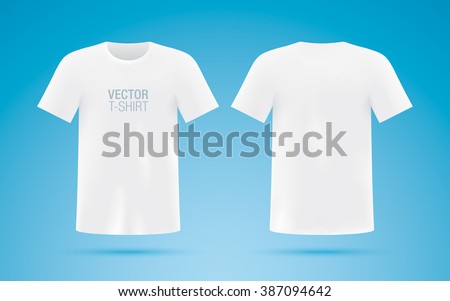 The front and back sides of the white T-shirt isolated on a blue background. Realistic vector mockup of the shirt with copy space. Hanging Tshirt template.