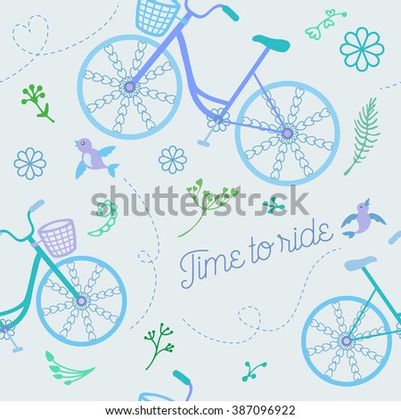 Cute bicycles with decorative wheels, flowers, birds seamless pattern. Background, texture, textile, fabric