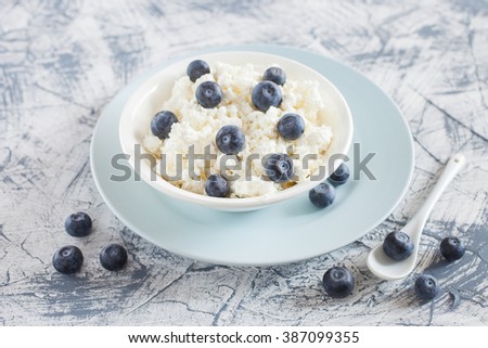 cottage cheese and blueberry in a bowl on a table, selective focus