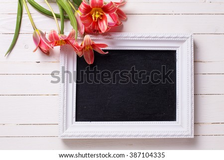 Red tulips flowers and empty blackboard on white wooden planks. Selective focus. Place for text. 
