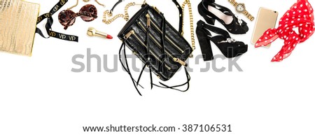 Fashion objects accessories, cosmetics, shoes. Feminine website hero header. Online shopping concept