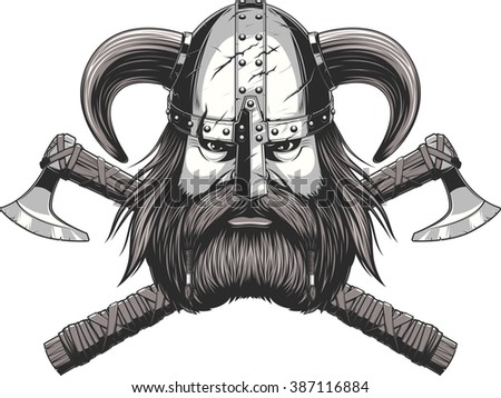 Vector illustration of a Viking warrior head in a helmet on a white background. Royalty-Free Stock Photo #387116884