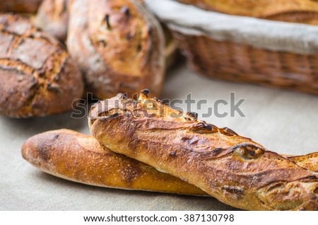 Baguette and other kinds of bread close-up on the tablecloth on the table.
 Royalty-Free Stock Photo #387130798