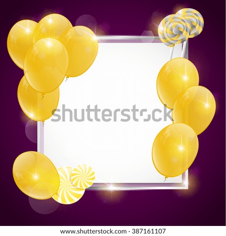Vector birthday card with champagne glasses and gold balloons.