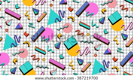 Bright vector pattern 80's. Background checkered bumage. Abstract geometric shapes. Illustration for hipsters Memphis style. Royalty-Free Stock Photo #387219700