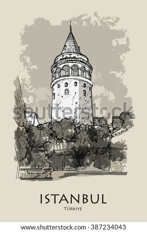 ISTANBUL, TURKYE - Galata tower (Galata Kulesi), hand created sketch