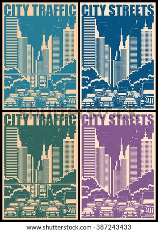 Stylized vector illustration with the image of the city streets and traffic in style retro