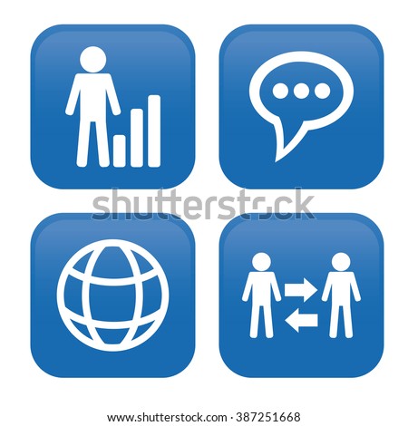 Set of blue buttons with white silhouettes of different icons on a white background