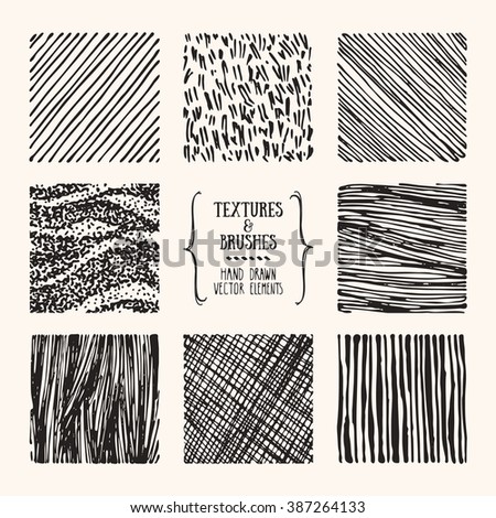 Hand drawn textures and brushes. Artistic collection of design elements: brush strokes, paint dabs, wavy lines, abstract backgrounds, patterns made with ink. Isolated vector.