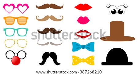 Colorful photo booth props icon set, glasses, red lips, mustache, bow tie, hat, clown nose... Collection of hipster style photo accessories. vector art image illustration, isolated on white background