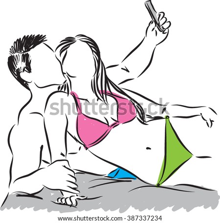 couple taking a photo in the beach illustration