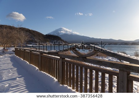 This photo was shot from Kawaguchigo Lake which is the biggest lake near by Mt.Fuji. The snow falls in winter and makes this area cover by the beutiful white color.