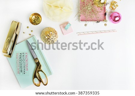 Flat lay. Mock-up product view table gold accessories. stationery supplies. glamour style. Gold stapler. polka gold. Header website or Hero website. Workspace. Home office