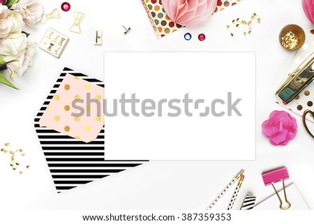Header website or Hero website, Table view office items, white background mock up, woman desk. Polka gold pattern and black stripe