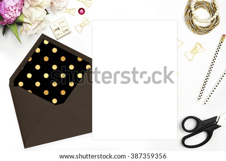 Woman desktop, template card, Mock up for your photo or text Place your work. Peonies and gold stationery. Gold Polka. Header website or Hero website 