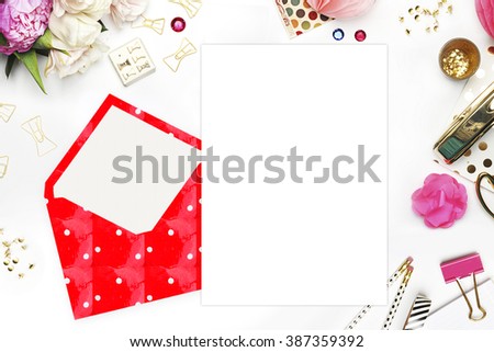 Flat lay. White background. Woman desktop, template card, Mock up for your photo or text Place your work. Peonies and gold stationery. Gold Polka. Header website or Hero website
