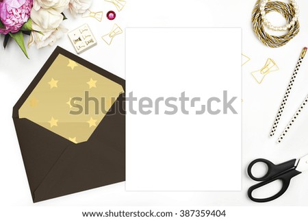Woman desktop, template card, Mock up for your photo or text Place your work. Peonies and gold stationery. Gold Polka. Header website or Hero website
