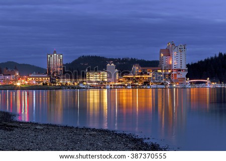Downtown Coeur d'Alene, Idaho in evening. Royalty-Free Stock Photo #387370555