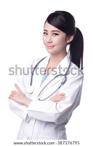 Smiling medical doctor woman with stethoscope. Isolated over white background. asian