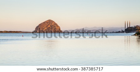 Morro bay rock and a port in the morning. Panoramic picture.