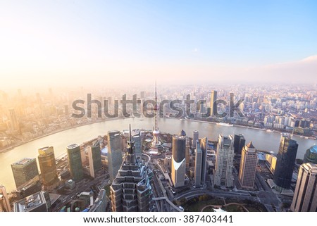 Aerial view of Shanghai cityscape at sunset Royalty-Free Stock Photo #387403441