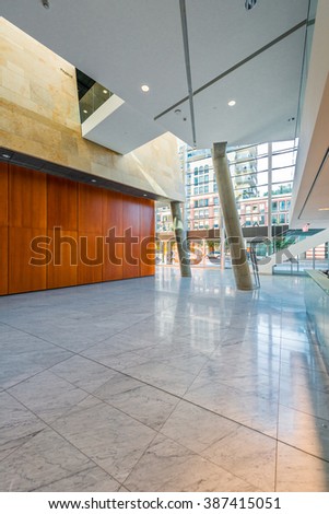 Modern lobby, hallway, plaza of the luxury building center, hotel, shopping mall, business center in Vancouver, Canada. Interior design.