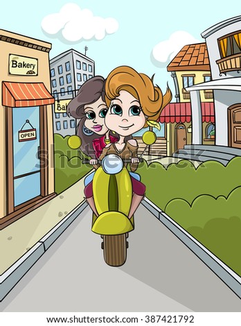 Two girls having a ride on a motorcycle through a town - vector illustration 