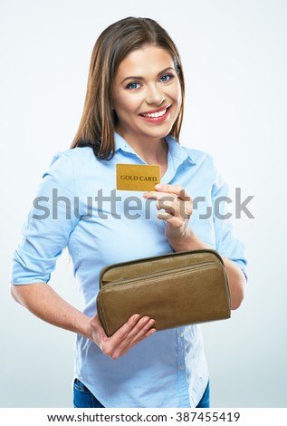 Happy woman credit card. woman's wallet. Smiling female model. White background isolated.