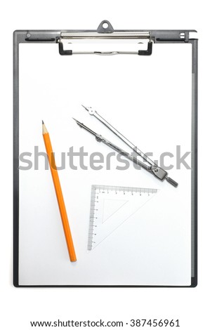 Top view of blank paper on clipboard with a pencil, drawing compass and triangle ruler, isolated on white background.