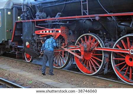 Man doing the repair on the old steam locomotive