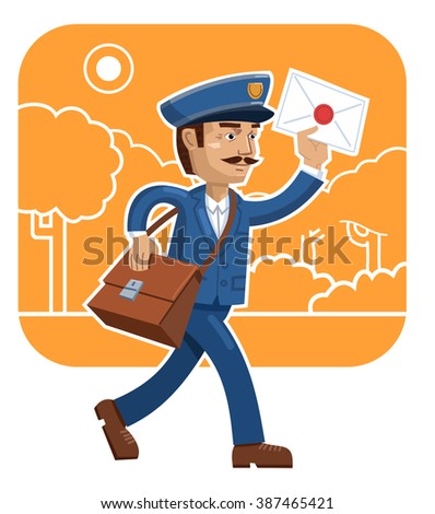 Illustration of a cheerful postman delivering mail. Happy carrier walking with letter. Mail delivery service. Postman, mailman, carrier. Flat style vector illustration