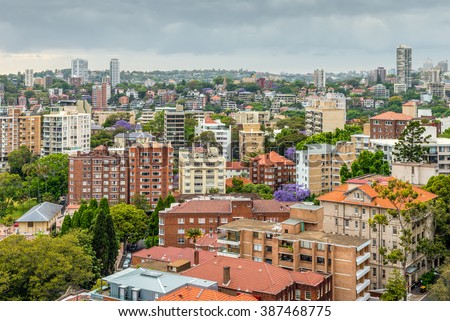 View of Sydney in cloudy weather - full frame horizontal composition - Potts Point district and other