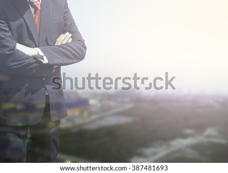 Blurred Business man success or soft Business man success in he working on marketing online or e learning with global learning and world on over blur or blurred top city view with light background. 