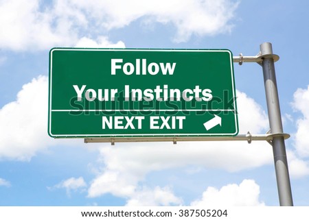 Green overhead road sign with a Follow Your Instincts Next Exit concept against a partly cloudy sky background. Royalty-Free Stock Photo #387505204
