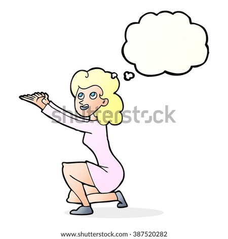 cartoon woman presentation gesture with thought bubble