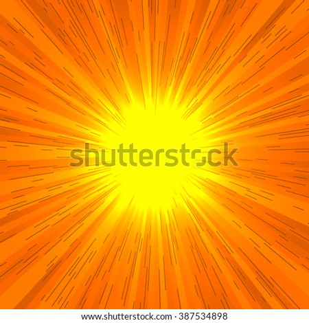 Comic book radial lines background. Effect of Orange sunshine rays.  Manga speed frame. Explosion with speed lines. Square stamp design. Vector illustration. EPS10.