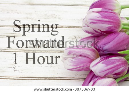 Spring Time Change, Some tulips with weathered wood and text Spring Forward 1 Hour Royalty-Free Stock Photo #387536983