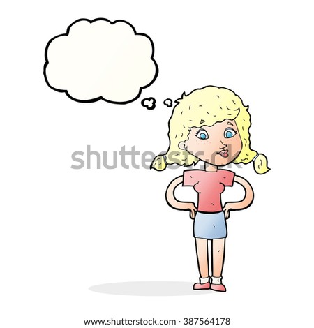 cartoon pretty girl with hands on hips with thought bubble
